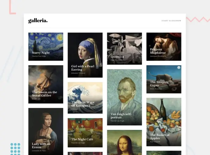 A screenshot of an art gallery website.